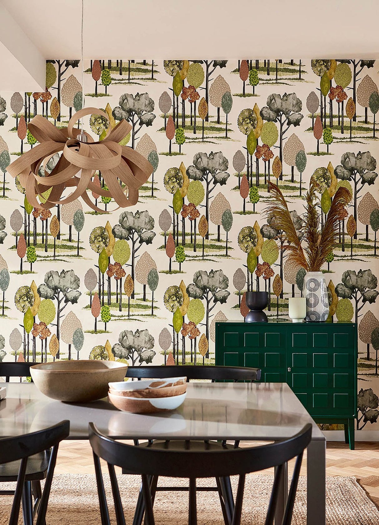 Cypress Olive Tall Trees Wallpaper with Botanical Farmhouse Motif - ohpopsi CEP50135W