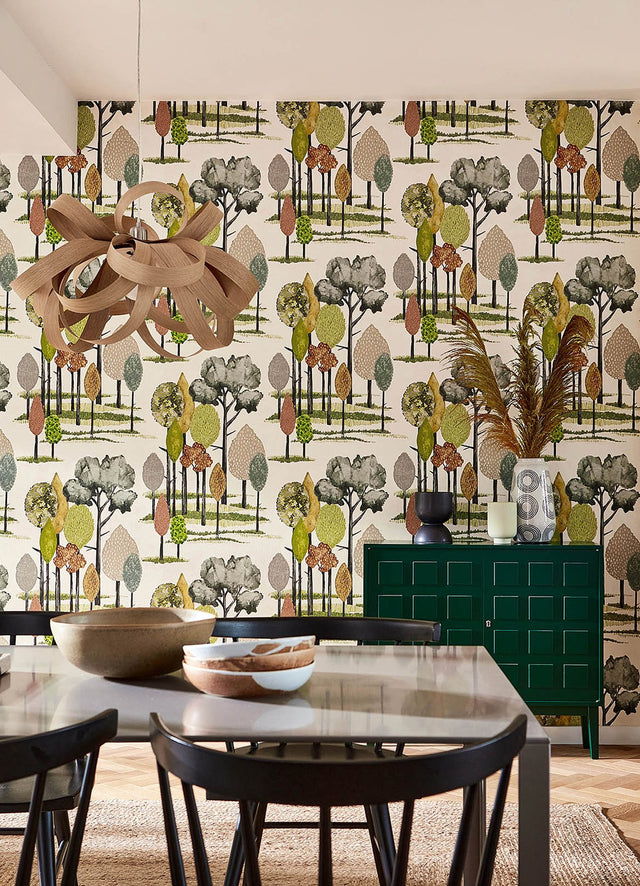 Cypress Olive Tall Trees Wallpaper with Botanical Farmhouse Motif - ohpopsi CEP50135W