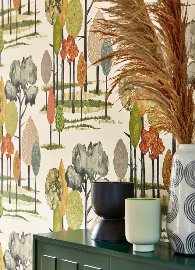 Cypress Olive Tall Trees Wallpaper with Botanical Farmhouse Motif - ohpopsi CEP50135W