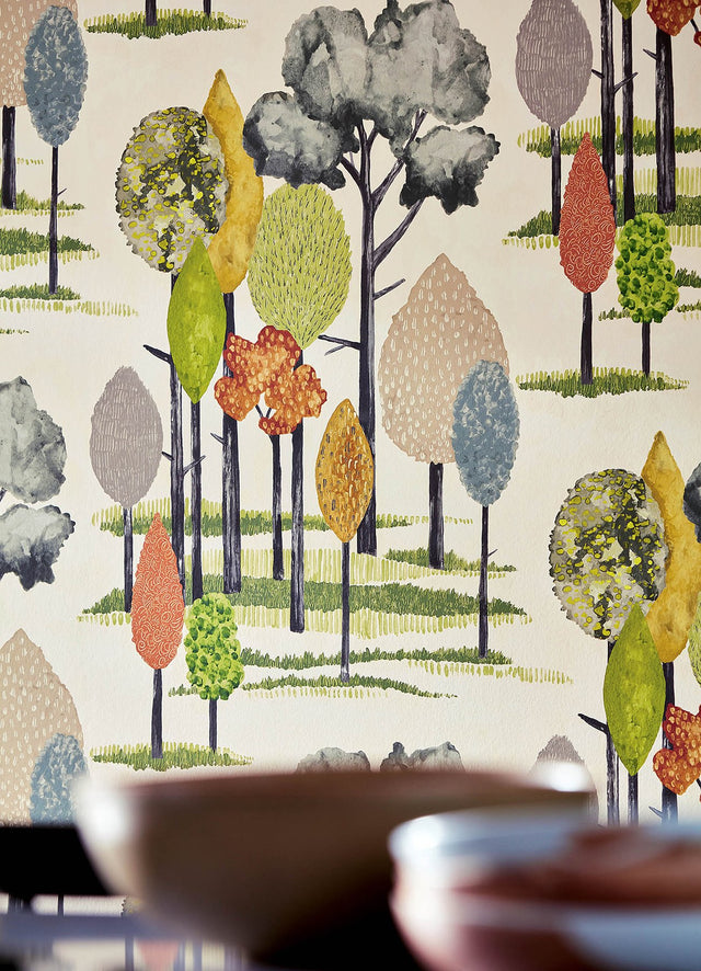 Cypress Olive Tall Trees Wallpaper with Botanical Farmhouse Motif - ohpopsi CEP50135W