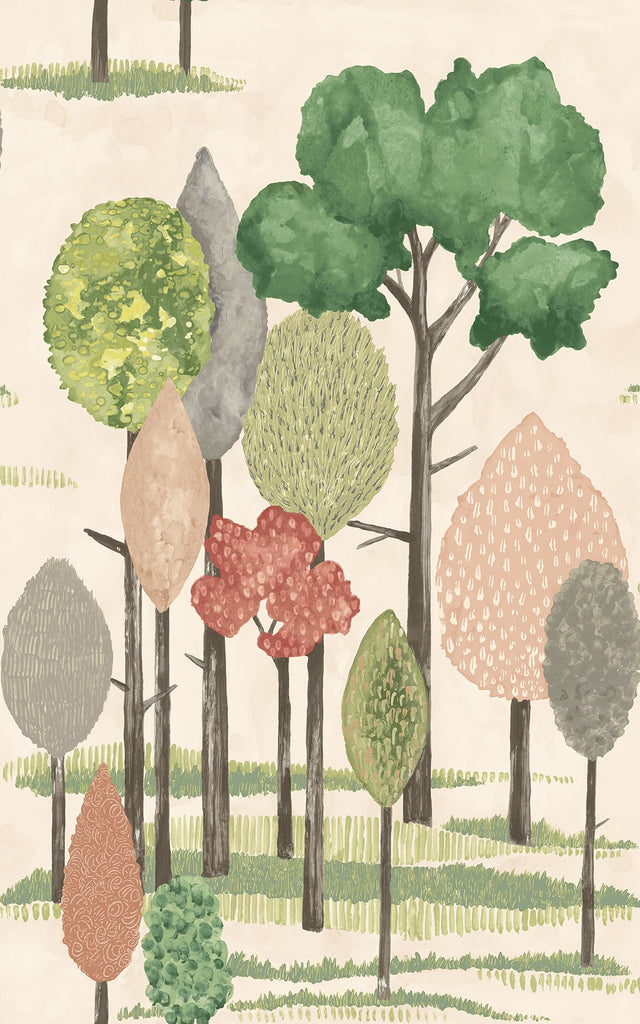 Cypress Pink Tall Trees Wallpaper with Botanical Farmhouse Motif - ohpopsi CEP50136W
