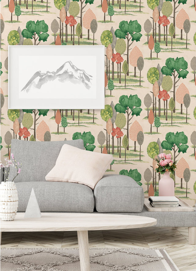 Cypress Pink Tall Trees Wallpaper with Botanical Farmhouse Motif - ohpopsi CEP50136W