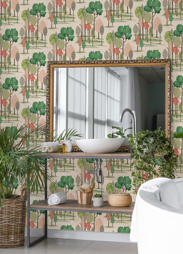 Cypress Pink Tall Trees Wallpaper with Botanical Farmhouse Motif - ohpopsi CEP50136W