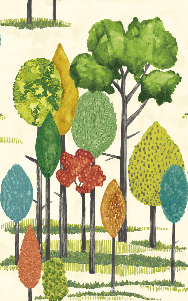 Cypress Teal Tall Trees Wallpaper with Botanical Farmhouse Pattern - CEP50137W