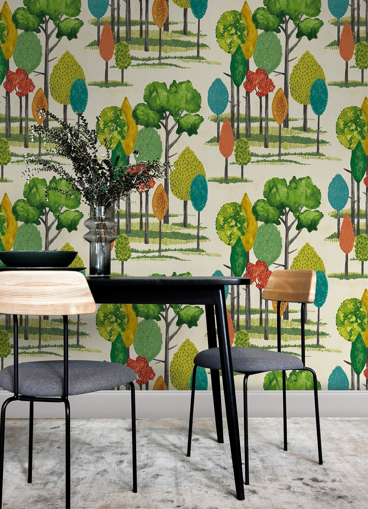Cypress Teal Tall Trees Wallpaper with Botanical Farmhouse Pattern - CEP50137W