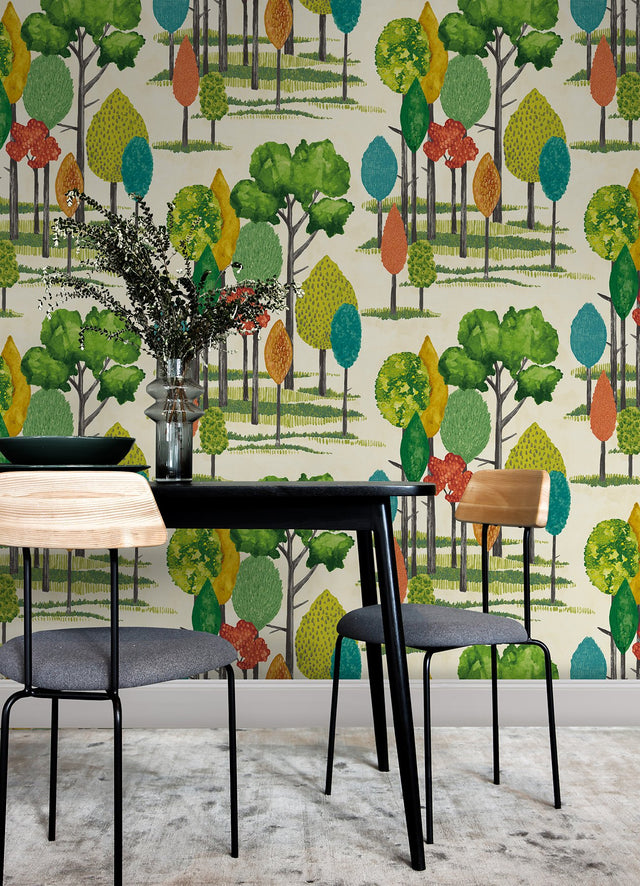 Cypress Teal Tall Trees Wallpaper with Botanical Farmhouse Pattern - CEP50137W