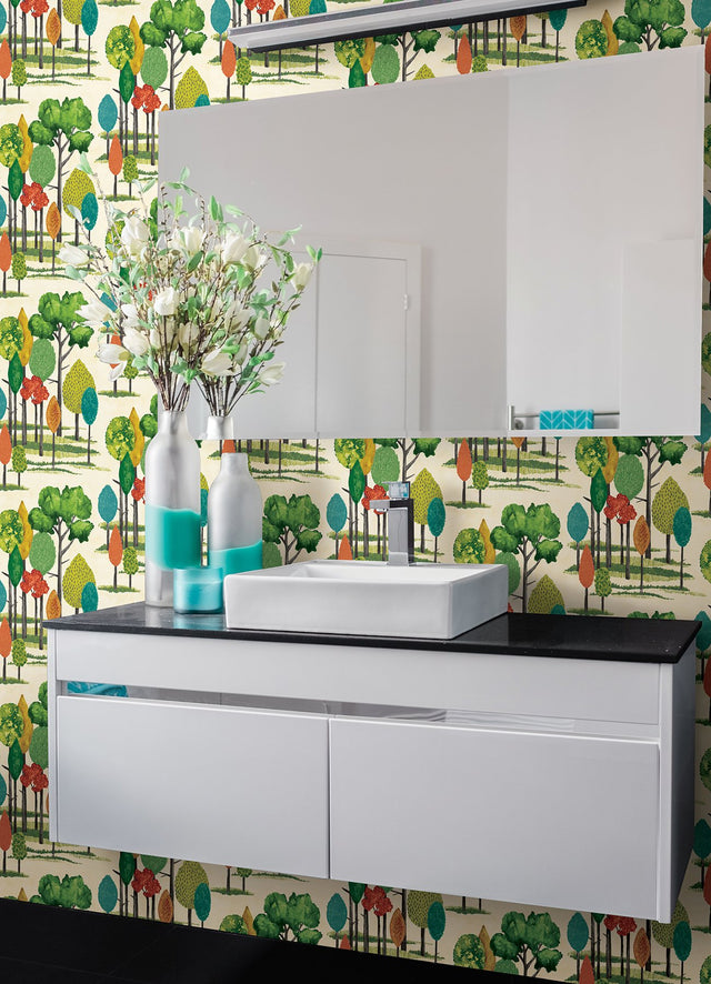 Cypress Teal Tall Trees Wallpaper with Botanical Farmhouse Pattern - CEP50137W