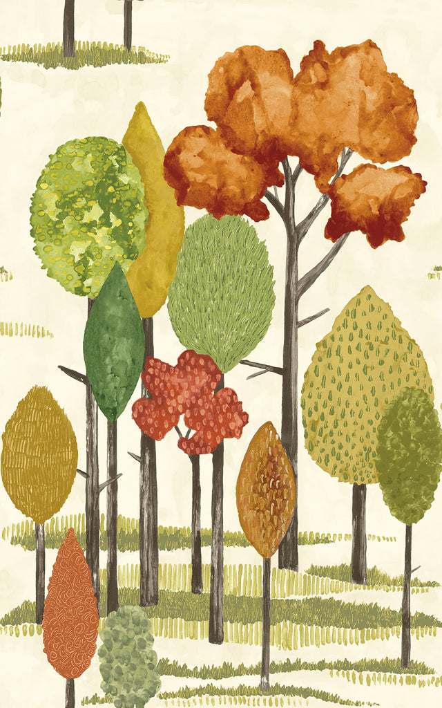 Cypress Orange Tall Trees Wallpaper with Botanical Farmhouse Motif - ohpopsi CEP50138W