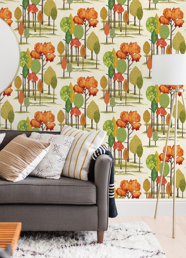 Cypress Orange Tall Trees Wallpaper with Botanical Farmhouse Motif - ohpopsi CEP50138W