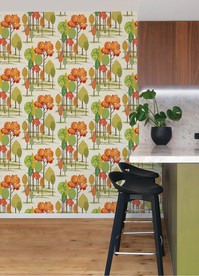 Cypress Orange Tall Trees Wallpaper with Botanical Farmhouse Motif - ohpopsi CEP50138W