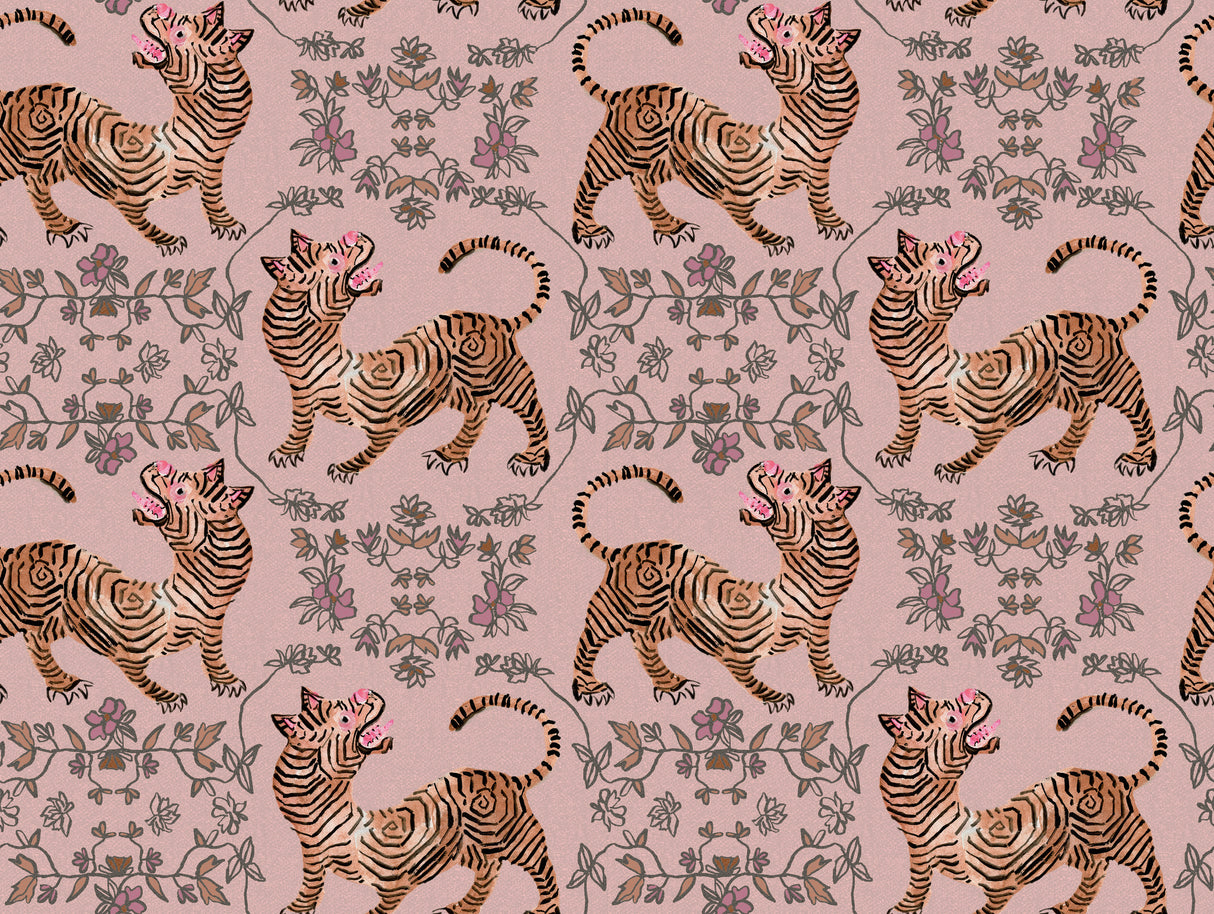Ferrandi Light Pink Wallpaper with Tibetan Tiger and Floral Motif - York CH1420