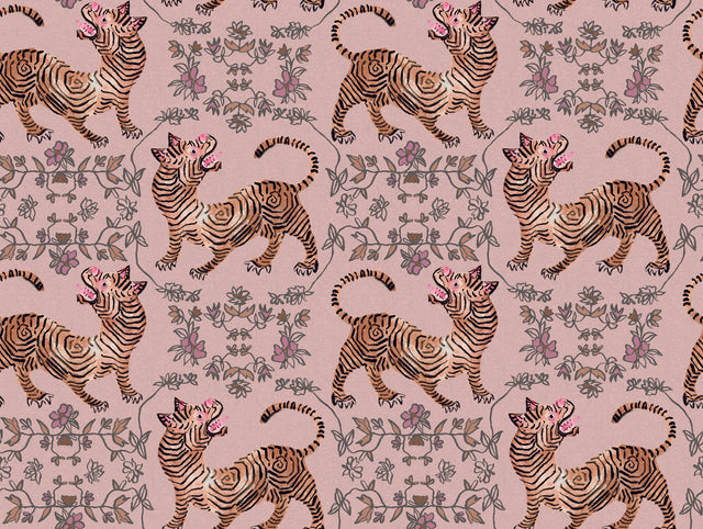 Ferrandi Light Pink Wallpaper with Tibetan Tiger and Floral Motif - York CH1420