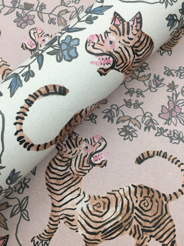 Ferrandi Light Pink Wallpaper with Tibetan Tiger and Floral Motif - York CH1420