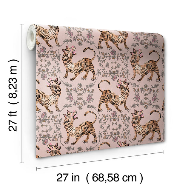 Ferrandi Light Pink Wallpaper with Tibetan Tiger and Floral Motif - York CH1420