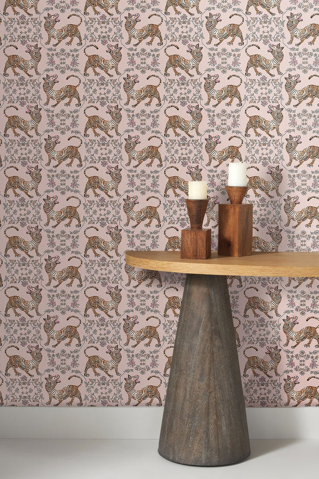 Ferrandi Light Pink Wallpaper with Tibetan Tiger and Floral Motif - York CH1420