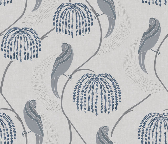 Blaise Blue & Grey Wallpaper with Stylized Birds and Botanicals - York CH1435