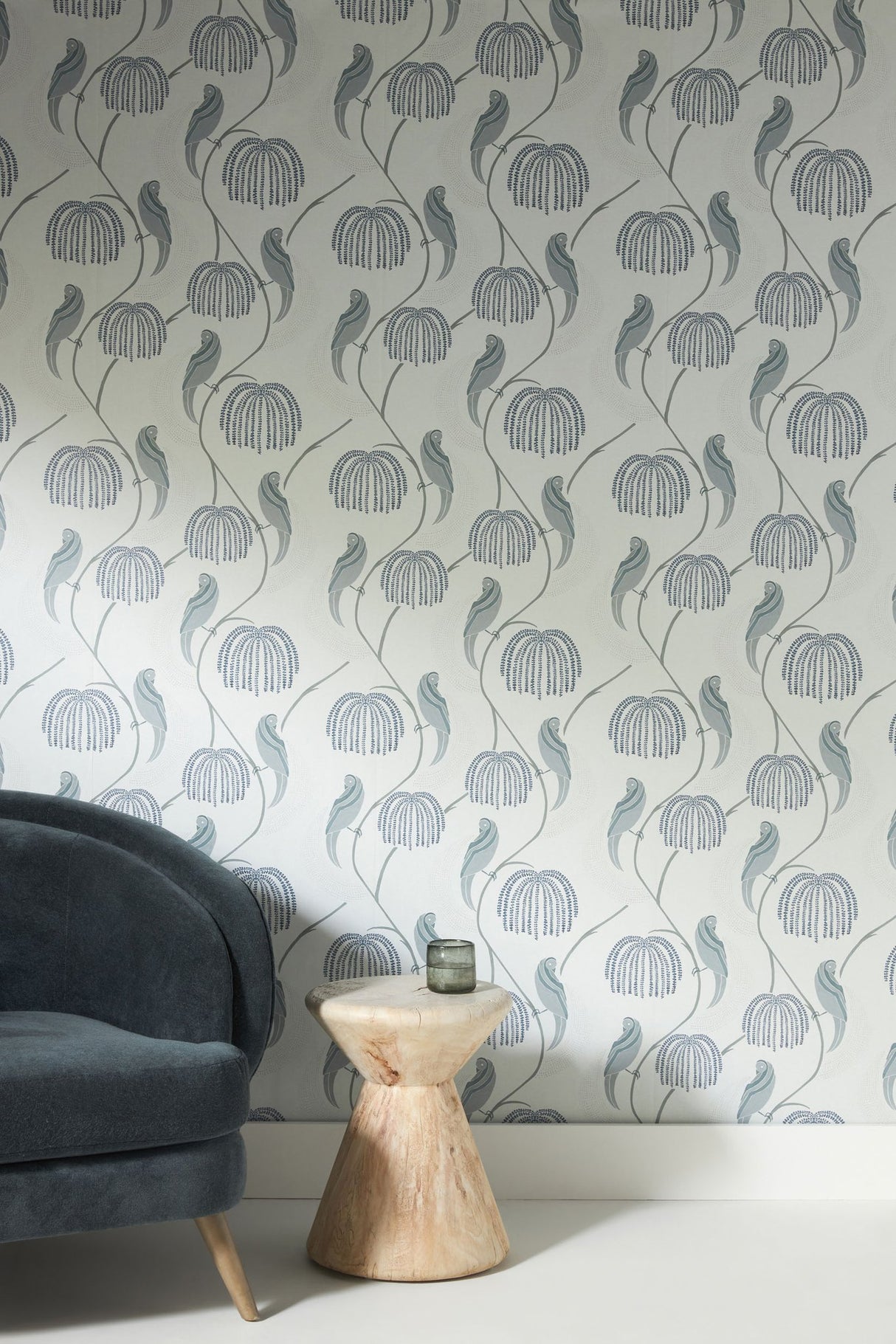 Blaise Blue & Grey Wallpaper with Stylized Birds and Botanicals - York CH1435