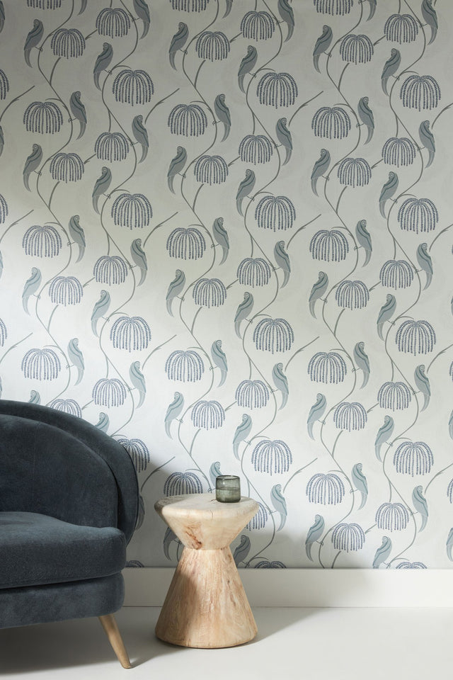 Blaise Blue & Grey Wallpaper with Stylized Birds and Botanicals - York CH1435
