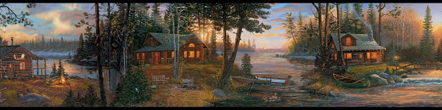 Cabin Fever Black & Brown Wallpaper Border with Rustic Lake Lodge Scenic Motif - York CH7842BD