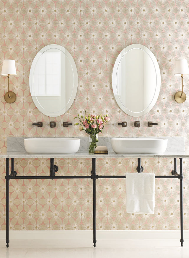 Everlasting Coral & Gold Floral Wallpaper with Metallic Blossom Motif - York CI2301