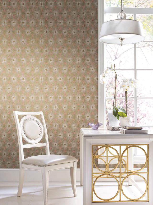 Everlasting Coral & Gold Floral Wallpaper with Metallic Blossom Motif - York CI2301
