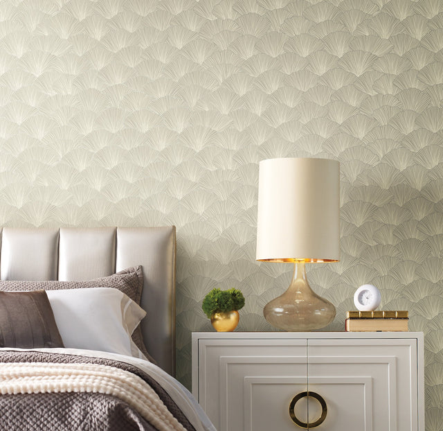 Luminous Ginkgo Taupe Wallpaper with Botanical Fan-Leaf Motif - CI2331