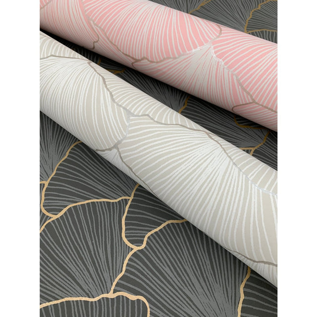 Luminous Gingko Grey Wallpaper with Metallic Fan-Leaf Botanical Motif - York CI2336