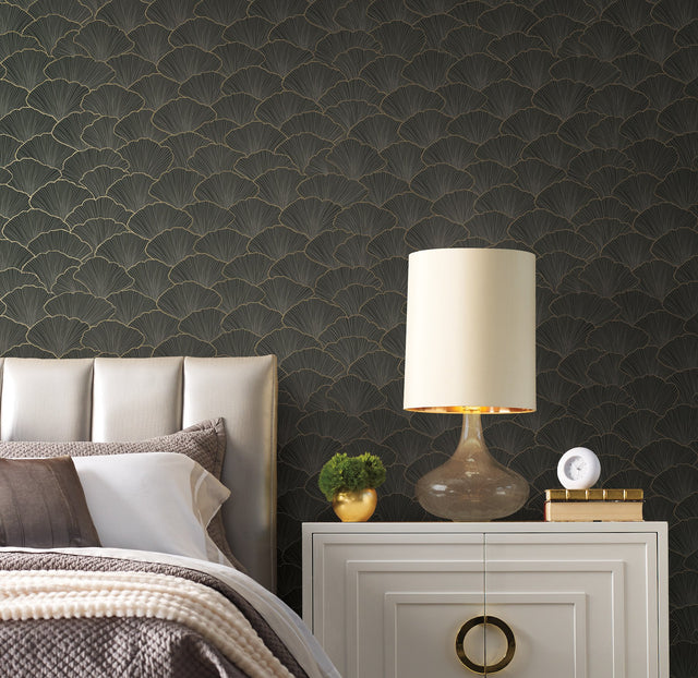 Luminous Gingko Grey Wallpaper with Metallic Fan-Leaf Botanical Motif - York CI2336