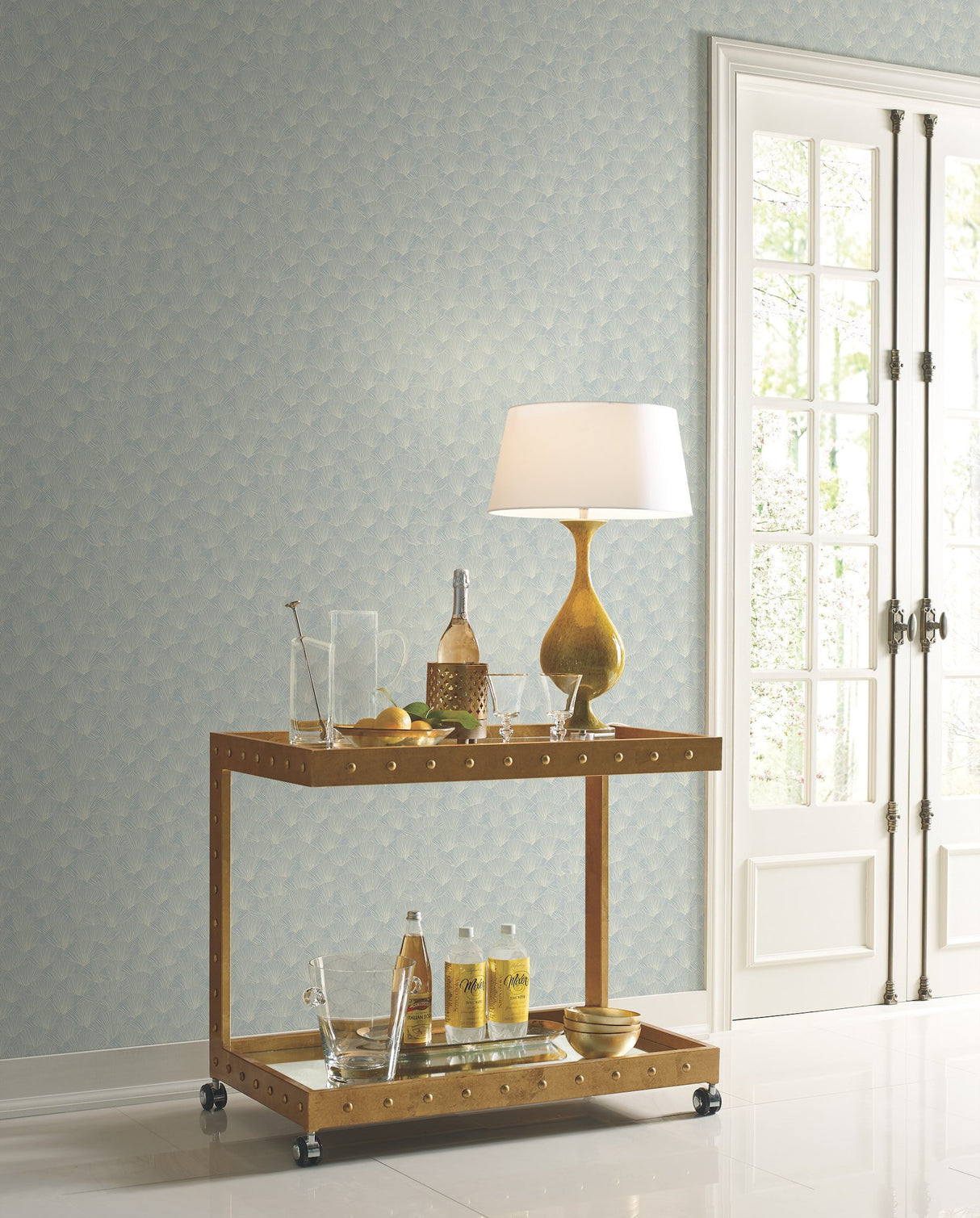 Luminous Gingko Blue Wallpaper with Metallic Outlined Leaf Motif - York CI2338