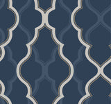 Double Damask Dark Blue Wallpaper with Modern Arabesque Trellis - York CI2393