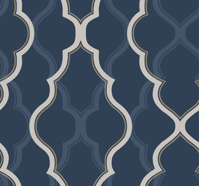 Double Damask Dark Blue Wallpaper with Modern Arabesque Trellis - York CI2393