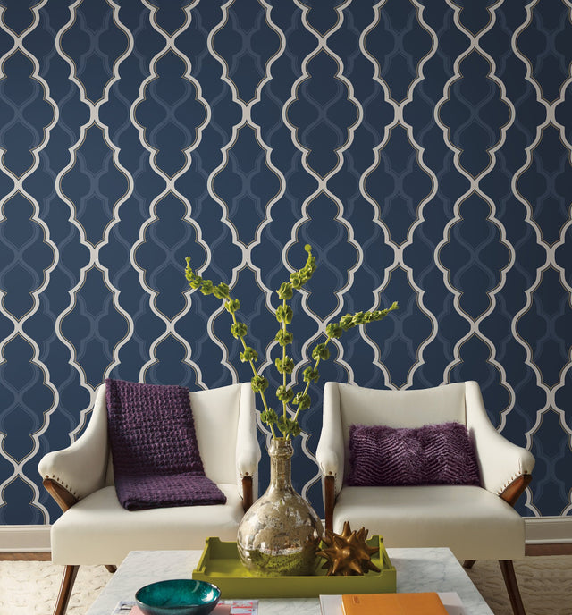 Double Damask Dark Blue Wallpaper with Modern Arabesque Trellis - York CI2393