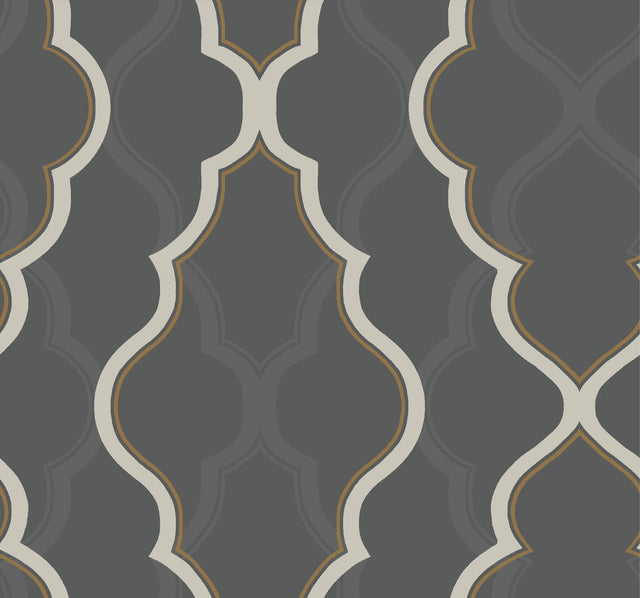 Double Damask Black Wallpaper with Metallic Tracery - York CI2395