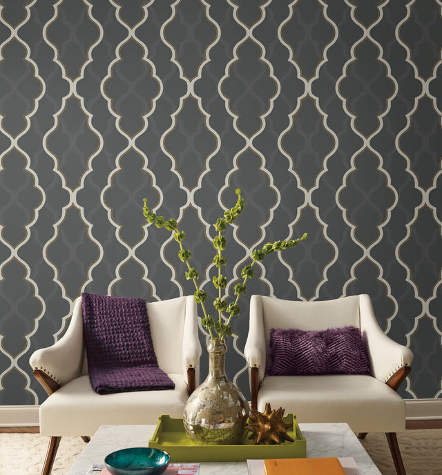 Double Damask Black Wallpaper with Metallic Tracery - York CI2395