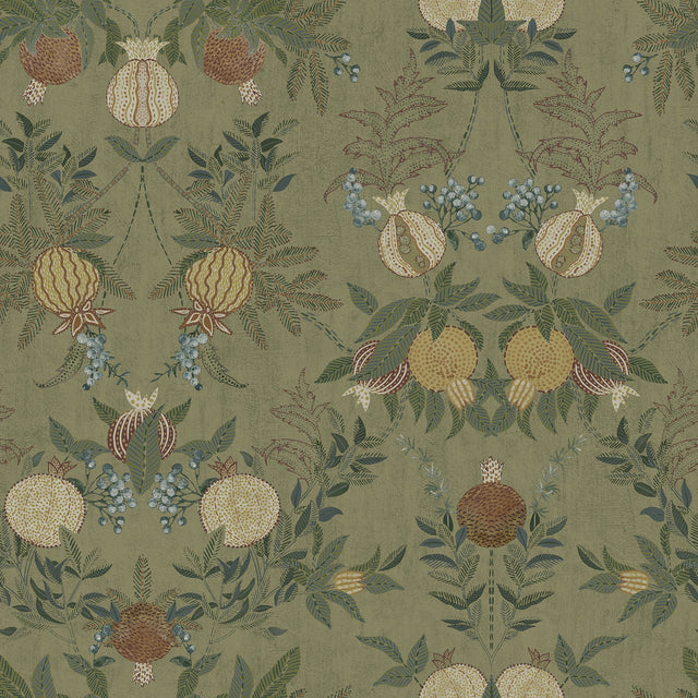 Melograno Moss Peel & Stick Wallpaper with Botanical Damask Motif - CJS6317