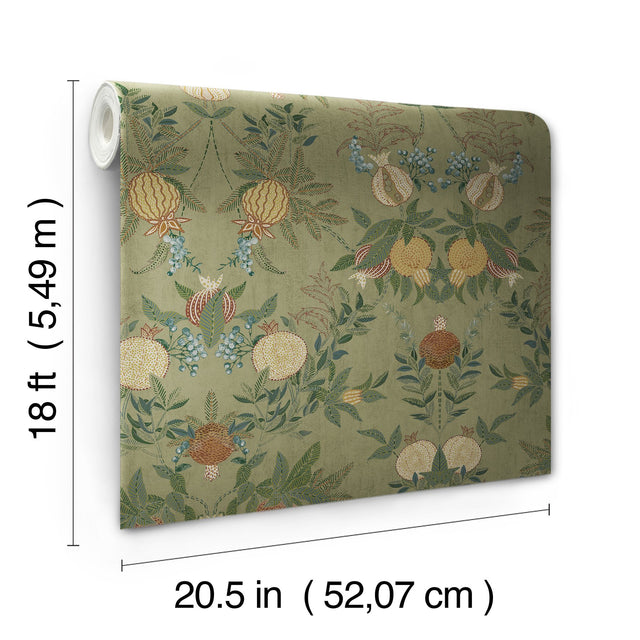 Melograno Moss Peel & Stick Wallpaper with Botanical Damask Motif - CJS6317