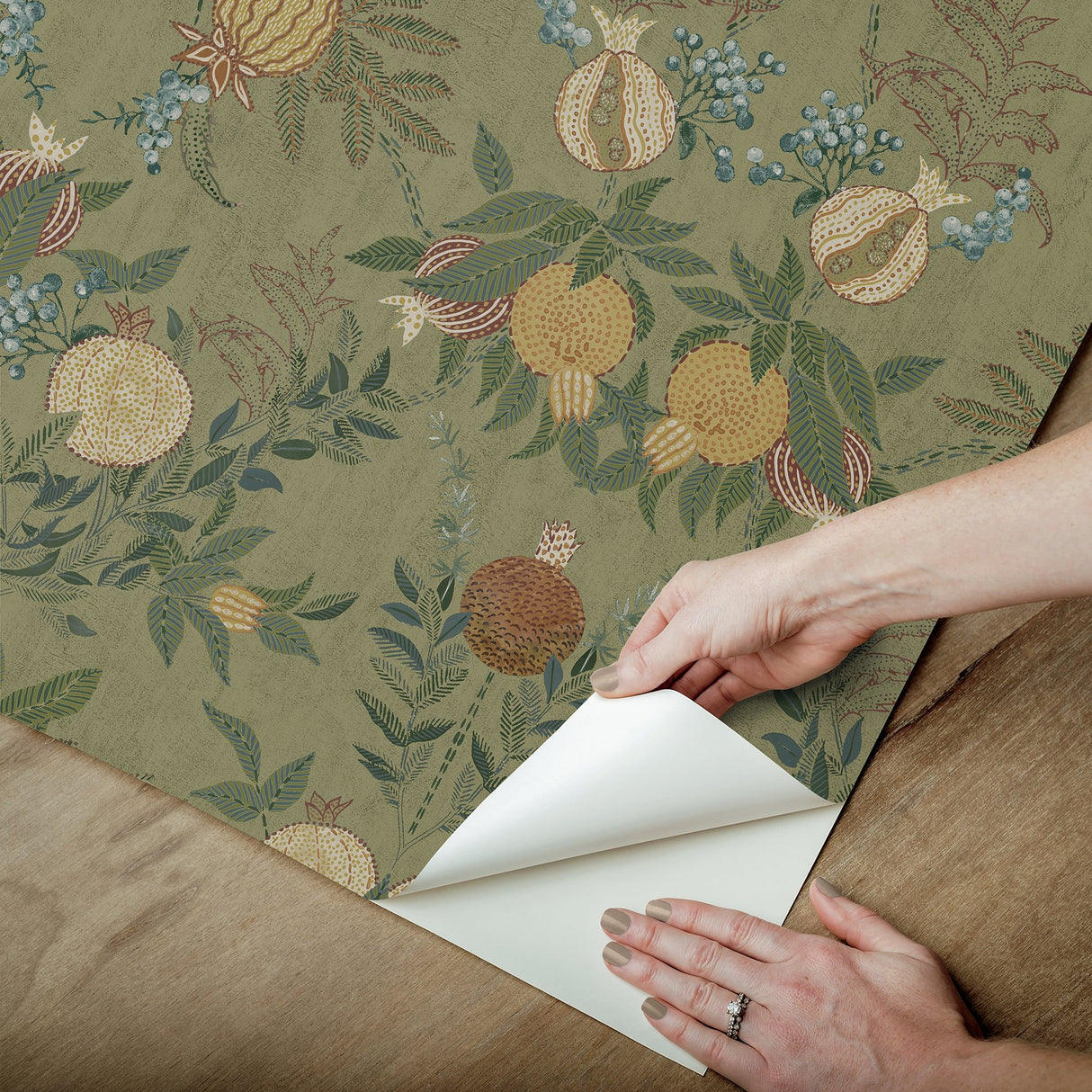 Melograno Moss Peel & Stick Wallpaper with Botanical Damask Motif - CJS6317