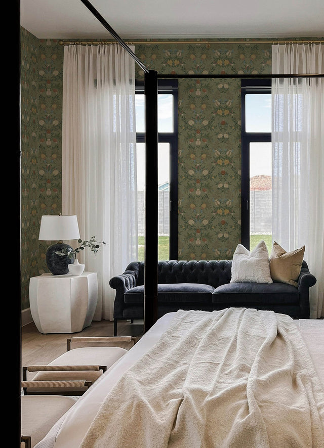 Melograno Moss Peel & Stick Wallpaper with Botanical Damask Motif - CJS6317