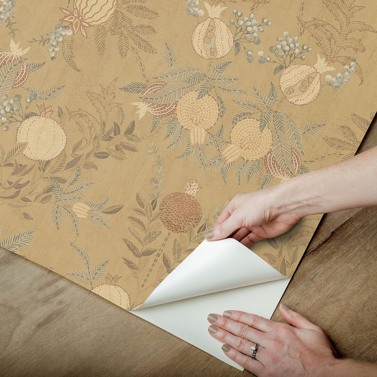 Melograno Wheat Peel & Stick Wallpaper with Botanical Damask - NuWallpaper CJS6318