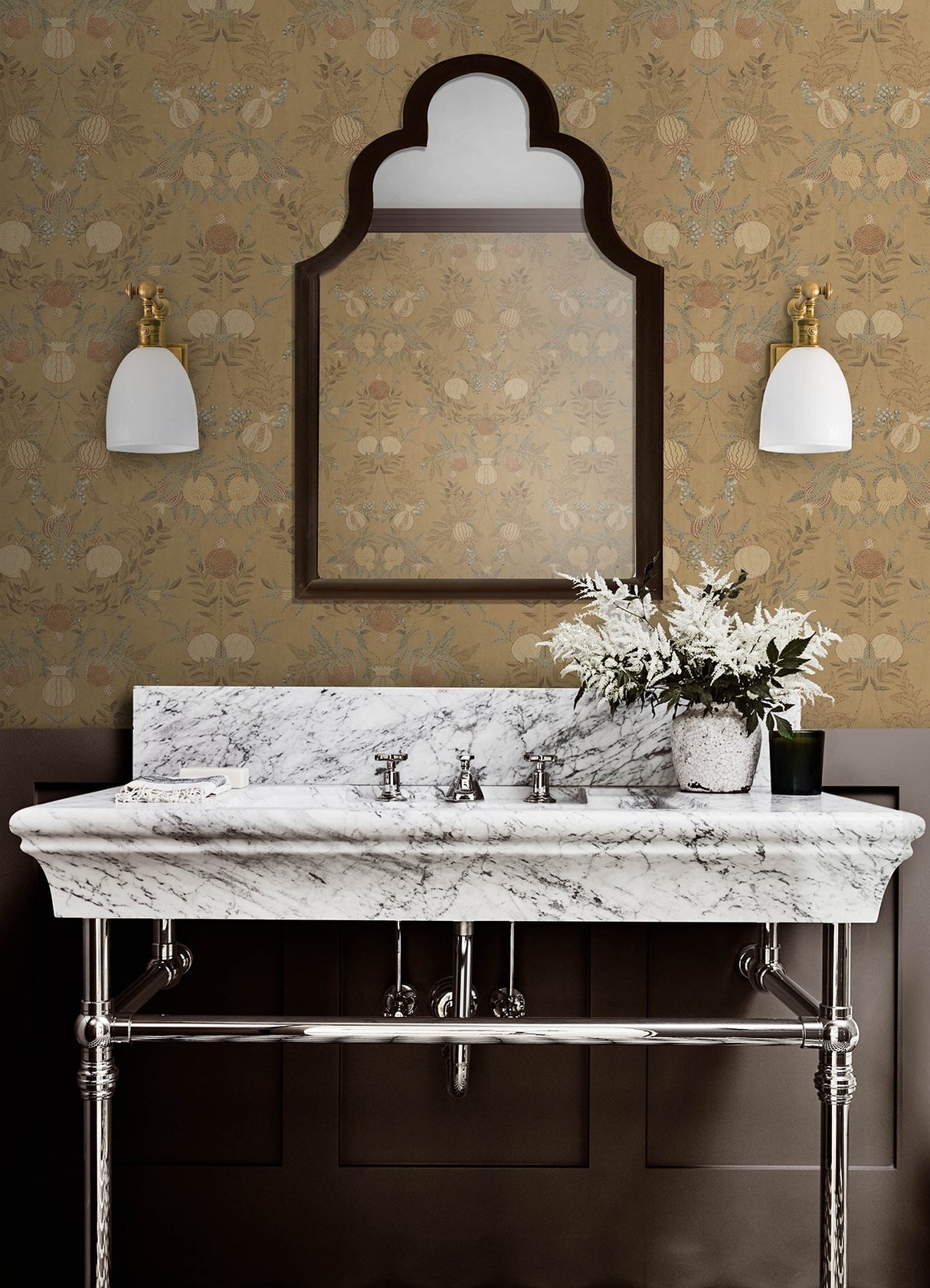 Melograno Wheat Peel & Stick Wallpaper with Botanical Damask - NuWallpaper CJS6318