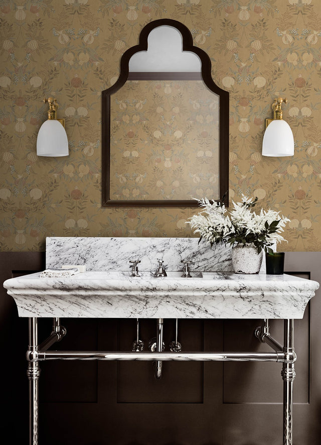Melograno Wheat Peel & Stick Wallpaper with Botanical Damask - NuWallpaper CJS6318