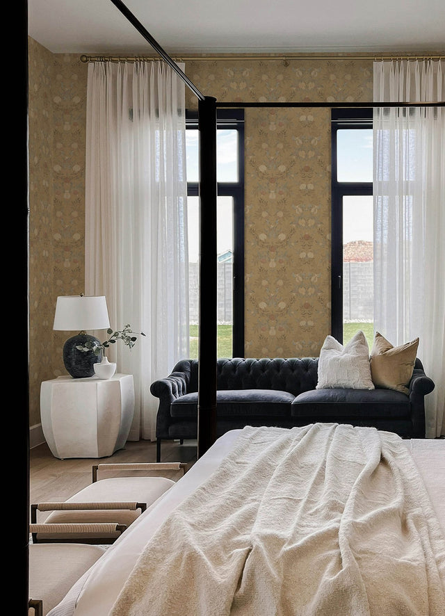 Melograno Wheat Peel & Stick Wallpaper with Botanical Damask - NuWallpaper CJS6318