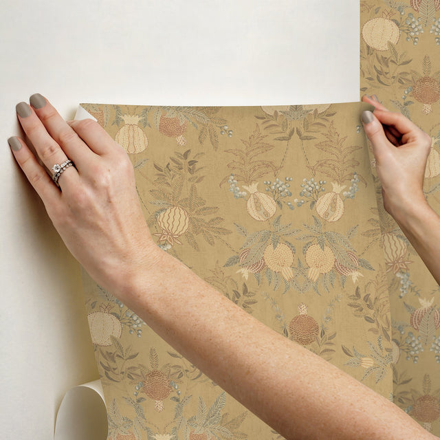 Melograno Wheat Peel & Stick Wallpaper with Botanical Damask - NuWallpaper CJS6318
