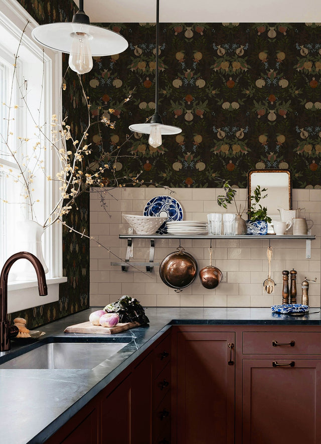Melograno Cinder Peel & Stick Wallpaper with Botanical Damask Pattern, Transitional Style - NuWallpaper CJS6319