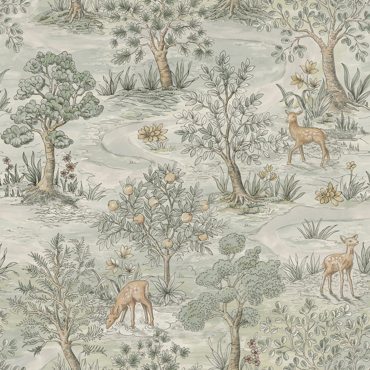 Bramble Wintergreen Peel & Stick Wallpaper with Traditional Toile Woodland Motif - NuWallpaper CJS6321
