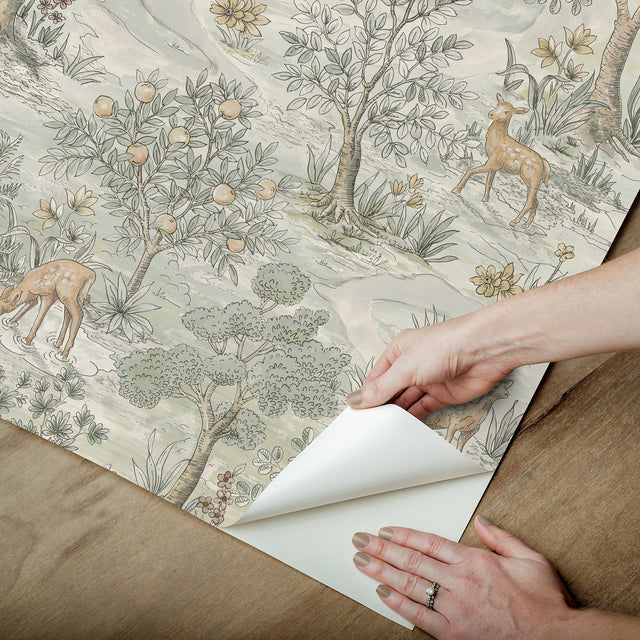 Bramble Wintergreen Peel & Stick Wallpaper with Traditional Toile Woodland Motif - NuWallpaper CJS6321