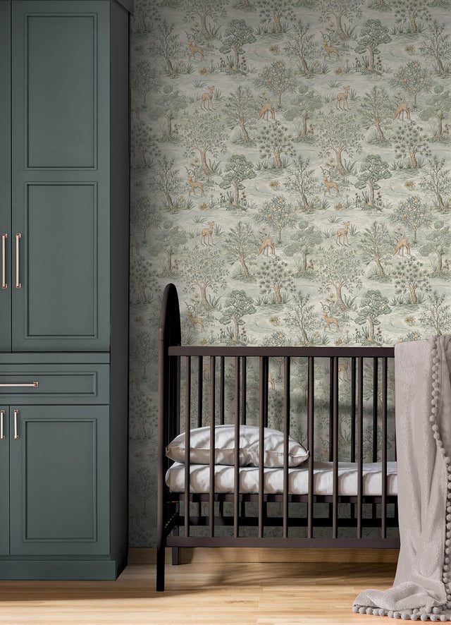 Bramble Wintergreen Peel & Stick Wallpaper with Traditional Toile Woodland Motif - NuWallpaper CJS6321