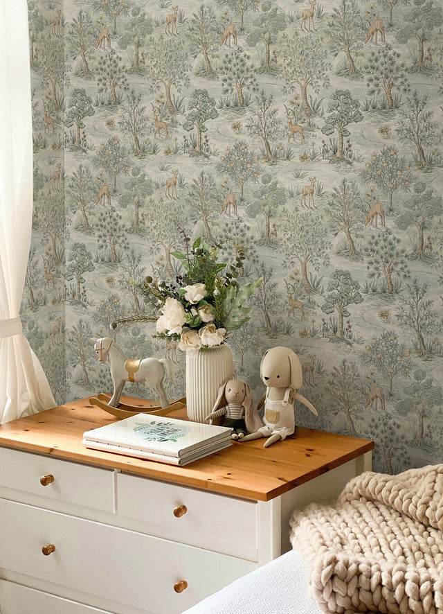 Bramble Wintergreen Peel & Stick Wallpaper with Traditional Toile Woodland Motif - NuWallpaper CJS6321