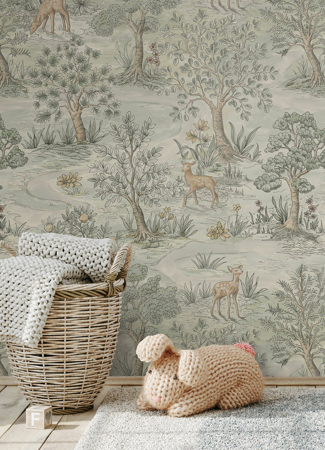 Bramble Wintergreen Peel & Stick Wallpaper with Traditional Toile Woodland Motif - NuWallpaper CJS6321