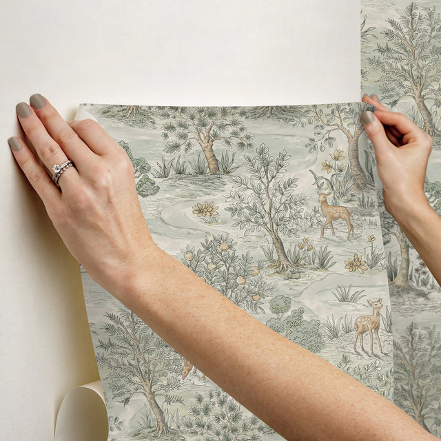 Bramble Wintergreen Peel & Stick Wallpaper with Traditional Toile Woodland Motif - NuWallpaper CJS6321